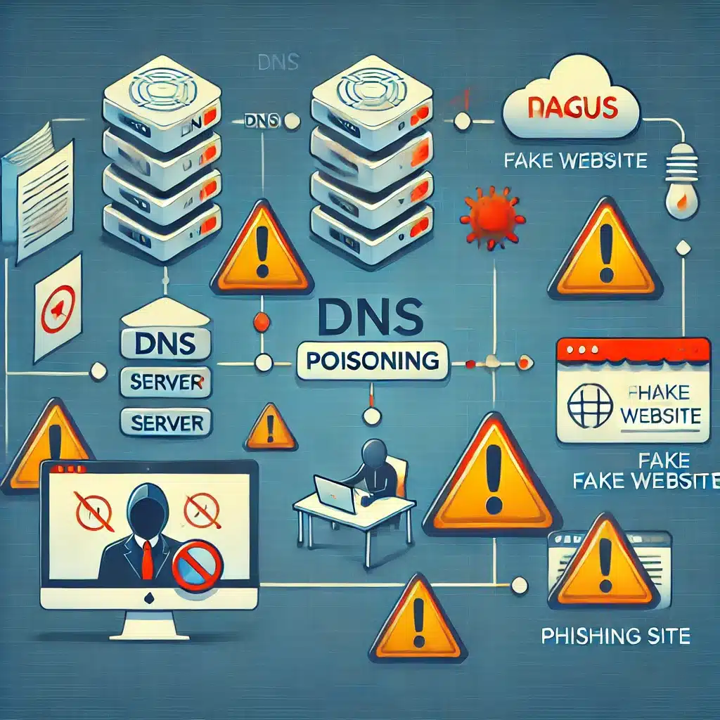 "Illustration af DNS-forgiftning, hvor en bruger bliver omdirigeret fra et legitimt websted til en falsk side via en manipuleret DNS-server. Billedet inkluderer serverikoner, computere og advarselsmarkeringer for at fremhæve truslen."