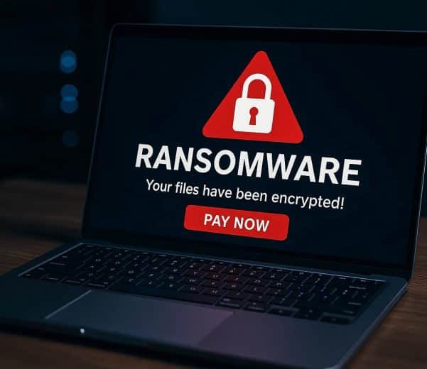 Laptop viser ransomware-advarsel med besked om, at filer er krypteret, og en rød 'Pay Now'-knap.