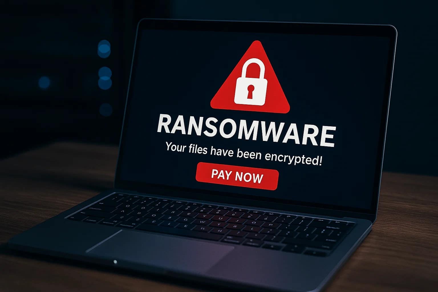 Laptop viser ransomware-advarsel med besked om, at filer er krypteret, og en rød 'Pay Now'-knap.