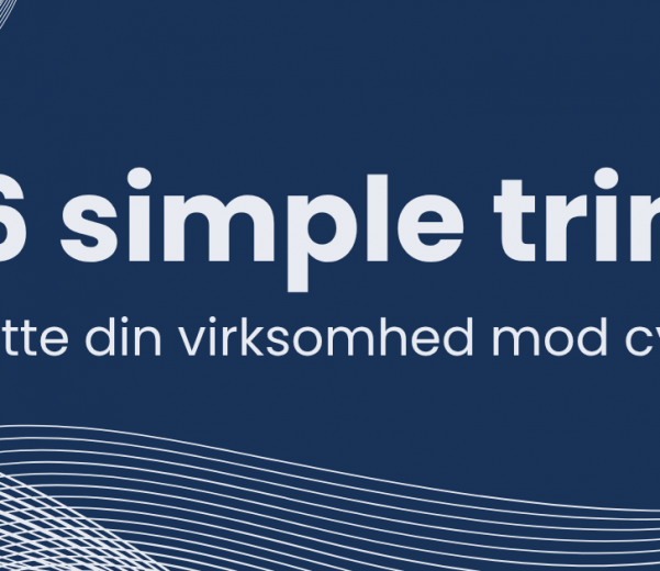 Grafik fra CyberNordic med teksten "6 simple trin for at beskytte din virksomhed mod cyberangreb" på mørk blå baggrund med hvide bølgende linjer og virksomhedens logo i øverste højre hjørne.