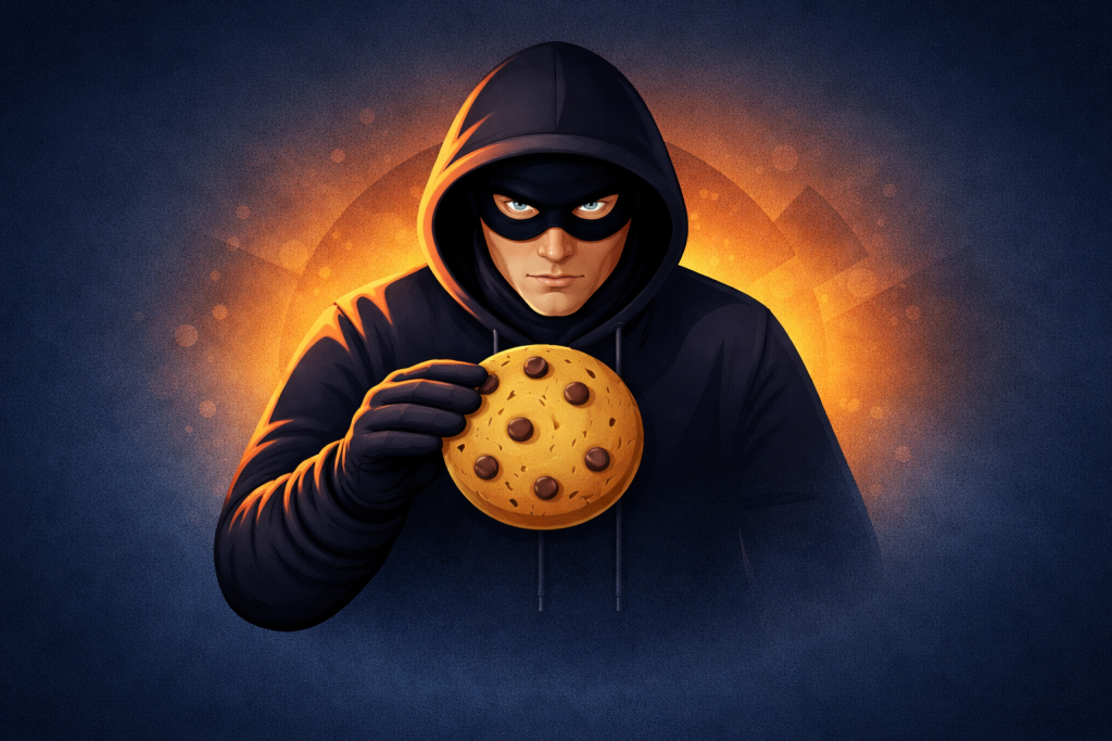 Hacker holder en cookie som symbol på session cookie og MFA bypass